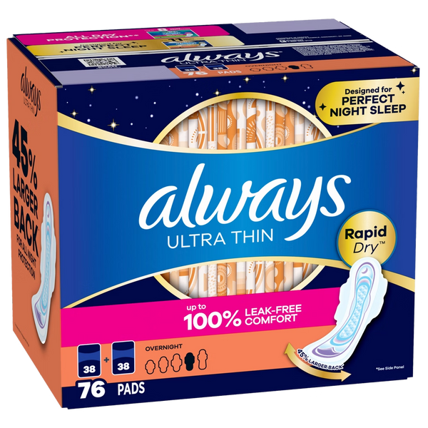 Always Ultra Thin Overnight Pads Rapid Dry 76 ct