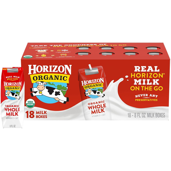 Horizon Organic Whole Milk Boxes, 18-Pack (18 × 8 fl oz / 144 fl oz)