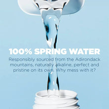 Pouring spring water from a bottle, text promotes 100% natural alkaline water.