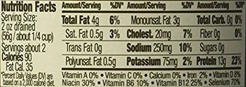 Nutrition facts label with 90 calories, 4g fat, 13g protein, 250mg sodium per serving
