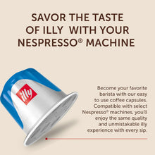Illy coffee capsule compatible with Nespresso machines on beige background with promotional text