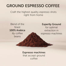 Pile of ground espresso coffee 100% Arabica with product benefits text on a beige background.