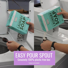 Pouring ultra concentrated laundry soap powder into measuring scoop at washing machine