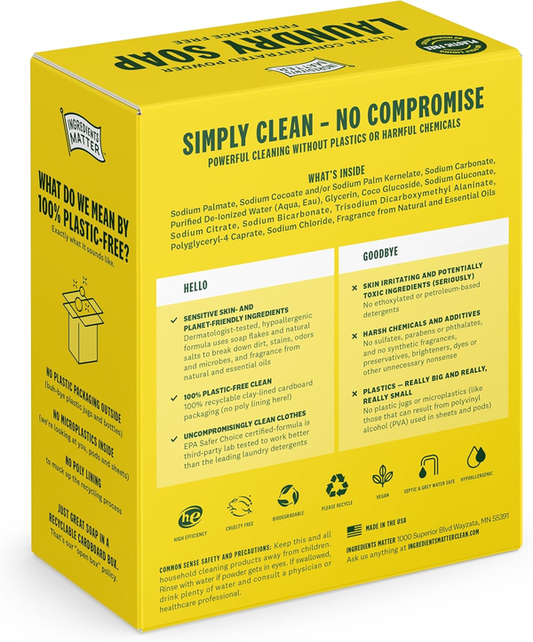 Yellow laundry soap box featuring plastic-free, eco-friendly, hypoallergenic cleaning details.