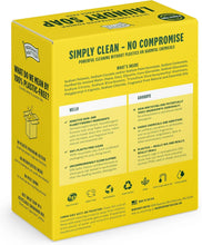 Yellow laundry soap box featuring plastic-free, eco-friendly, hypoallergenic cleaning details.