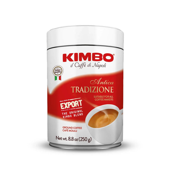 Kimbo Antica Tradizione ground coffee 250g can, Italian blend, coffee cup image on label
