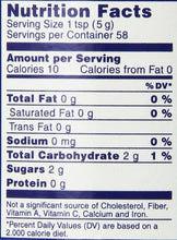 Nutrition facts label showing 10 calories, 0g fat, 2g carbs per 1 tsp serving