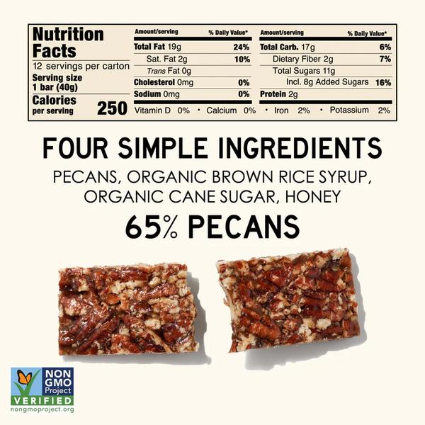 South Forty Pecan Bar Nutrition Facts - 4 Ingredients, Non-GMO Verified, 65% Pecans