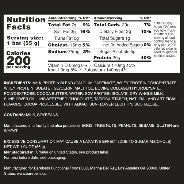 Barebells Cookies & Cream Protein Bar 1.94 oz - nutrition facts and ingredients label