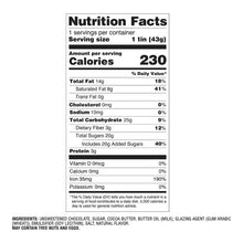 Nutrition facts label for chocolate snack tin: 230 calories, 14g fat, 20g sugar, 3g protein per 43g serving