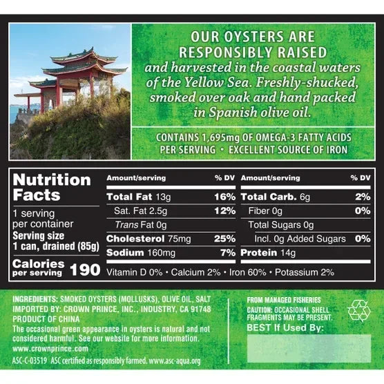 Smoked oysters nutrition label with ingredient list, omega-3 info, and Yellow Sea origin.