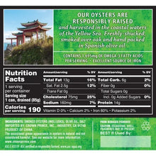 Smoked oysters nutrition label with ingredient list, omega-3 info, and Yellow Sea origin.