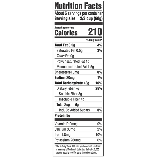Nutrition facts label with calories, fat, carbs, protein, fiber, and vitamins per serving.