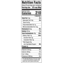 Nutrition facts label with calories, fat, carbs, protein, fiber, and vitamins per serving.