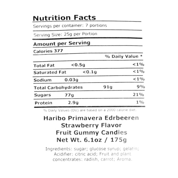 Haribo Primavera Strawberry Fruit Gummy Candies nutrition facts, 7 servings, 377 calories per 25g portion
