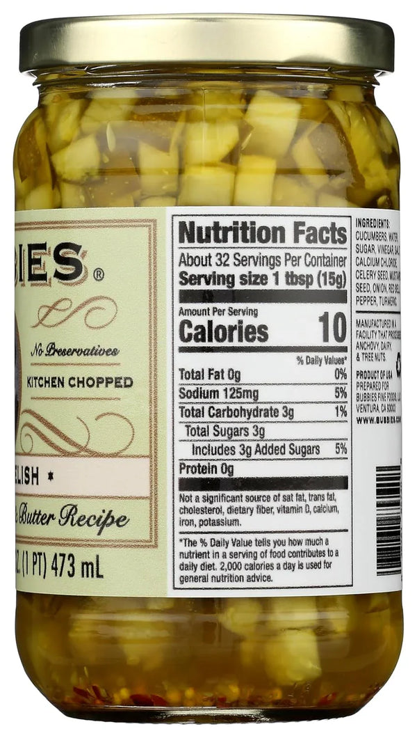 Bubbies Sweet Relish, 16 fl oz (1 PT / 473mL), Kitchen Chopped, Traditional Bread & Butter Recipe, Non-GMO, Gluten Free
