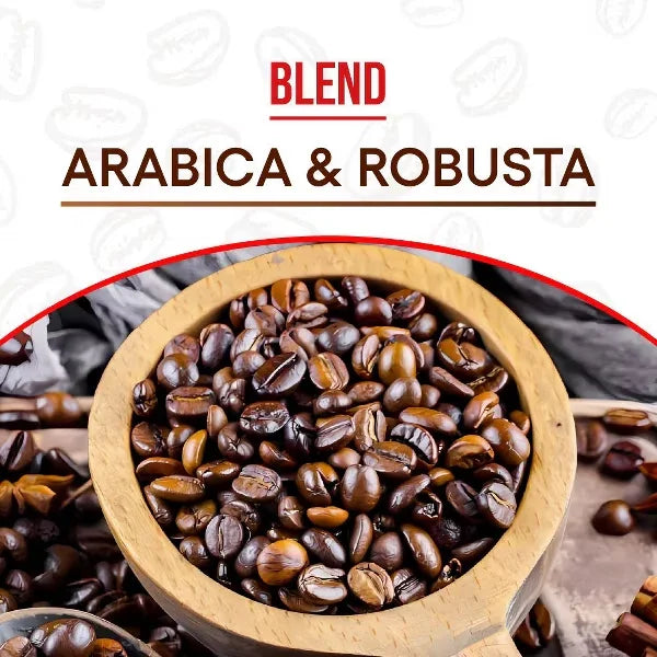 Wooden bowl filled with roasted Arabica and Robusta coffee beans blend