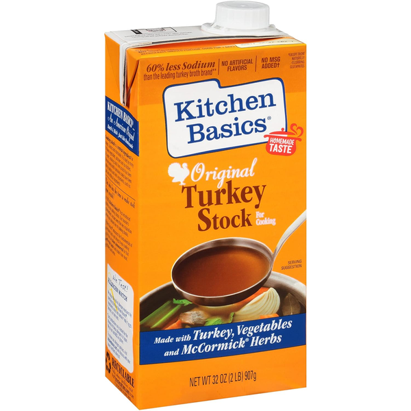 Kitchen Basics Original Turkey Stock carton, 32 oz, with turkey, vegetables, and herbs for cooking.