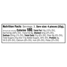 Nutrition facts label showing 180 calories per 4-piece serving, total fat 10g, carbs 21g, protein 2g