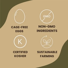 Cage-free eggs, non-GMO ingredients, certified kosher, sustainable farming icons