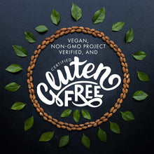 Certified gluten free, vegan, non-GMO verified snack with almonds and leaves on dark background