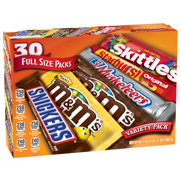 Mars Candy Variety Pack 30 Full Size Packs 56.11 oz — Snickers M&Ms Skittles Starburst