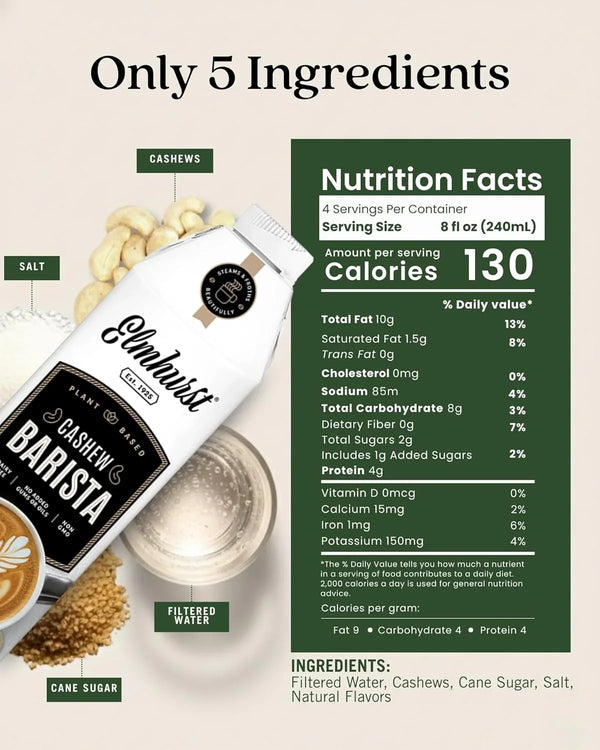 Elmhurst Cashew Barista Edition Plant-Based Milk, Only 5 Ingredients, Dairy Free, Non GMO, 32 fl oz (946ml)