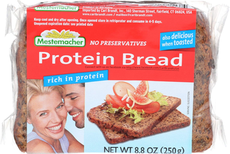 Mestemacher protein bread loaf in clear packaging, labeled rich in protein, no preservatives