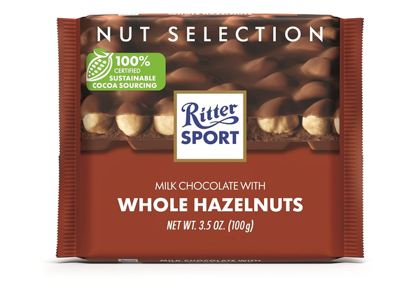 Ritter Sport Milk Chocolate with Whole Hazelnuts, 3.52 oz (100g)