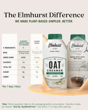 Elmhurst unsweetened oat creamer bottle with plant-based label, comparing ingredients to leading brand