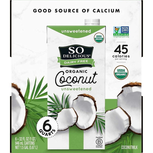 So Delicious Dairy Free Organic Coconut Milk Unsweetened, 6-Pack (6 × 32 fl oz / 1.5 GAL)