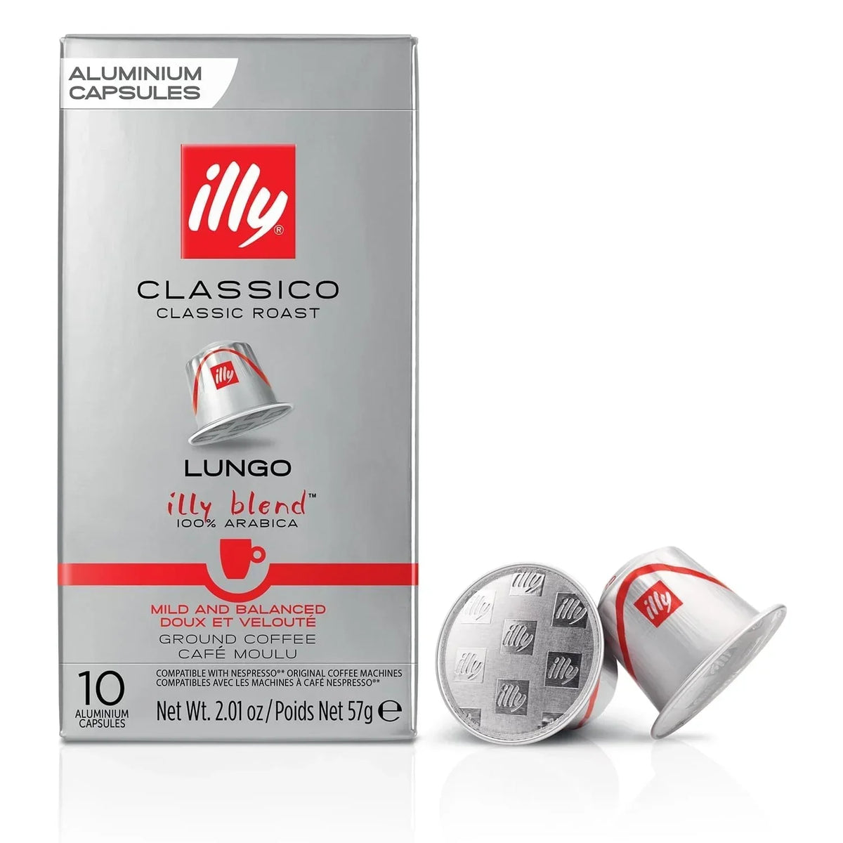 Illy Classico Lungo aluminum coffee capsules box with two coffee pods in front