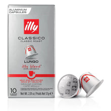 Illy Classico Lungo aluminum coffee capsules box with two coffee pods in front