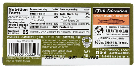 Season Brand Flat Fillet Anchovies in 100% Olive Oil – 2 oz