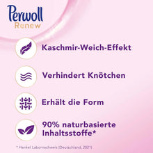 Perwoll Renew fabric softener benefits: cashmere-soft effect, prevents tangling, retains shape, 90% natural ingredients