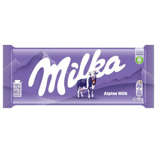 Milka Alpine Milk chocolate bar with cow illustration and purple mountain background, 90g