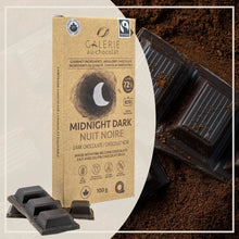 Galerie au Chocolat Midnight Dark 72% cocoa bar, fairtrade, keto, vegan, gluten-free, with broken pieces and cocoa powder