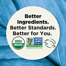 USDA organic, Non-GMO, and cruelty-free product badges on a blue leaf background