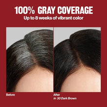 Before and after hair color transformation: 100% gray coverage in 30 Dark Brown, vibrant color for up to 8 weeks