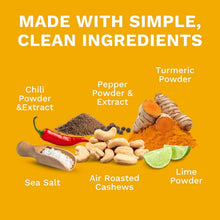 Simple clean ingredients: chili powder, sea salt, air roasted cashews, turmeric, lime powder, pepper extract