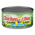Chicken of the Sea chunk light tuna in water can, grocery food product with mermaid label