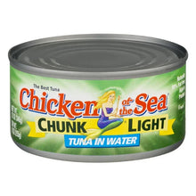 Chicken of the Sea chunk light tuna in water can, grocery food product with mermaid label