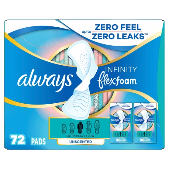 Always Infinity FlexFoam Pads Extra Heavy Flow Unscented 72 ct