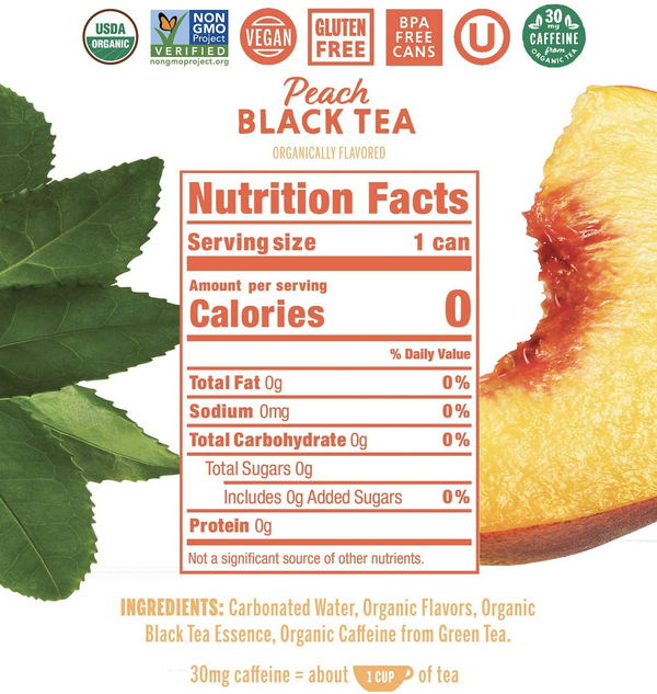 Nixie Sparkling Water Peach Black Tea, 12 fl oz Can, 0 Calories, USDA Organic