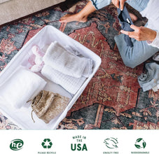Person folding laundry near a basket with towels, eco-friendly and cruelty-free icons visible