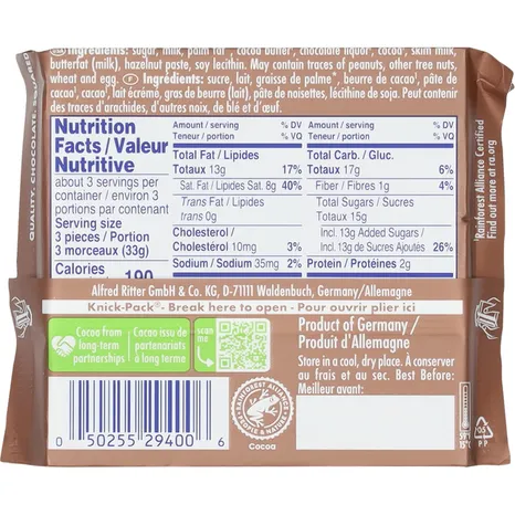 Ritter Sport Cocoa Mousse Milk Chocolate with Cocoa Mousse Filling, 3.52 oz (100g)