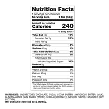 Nutrition facts label for chocolate snack with 240 calories, 14g fat, 22g sugar per 43g serving