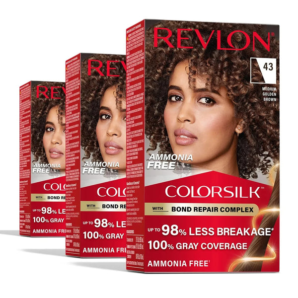 Revlon Colorsilk Ammonia Free Hair Color, Medium Golden Brown 43, 100% gray coverage, bond repair