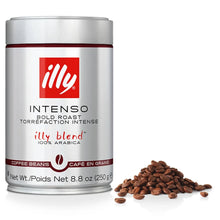 Coffee beans next to a can of illy Intenso bold roast 100% Arabica coffee, 250g.