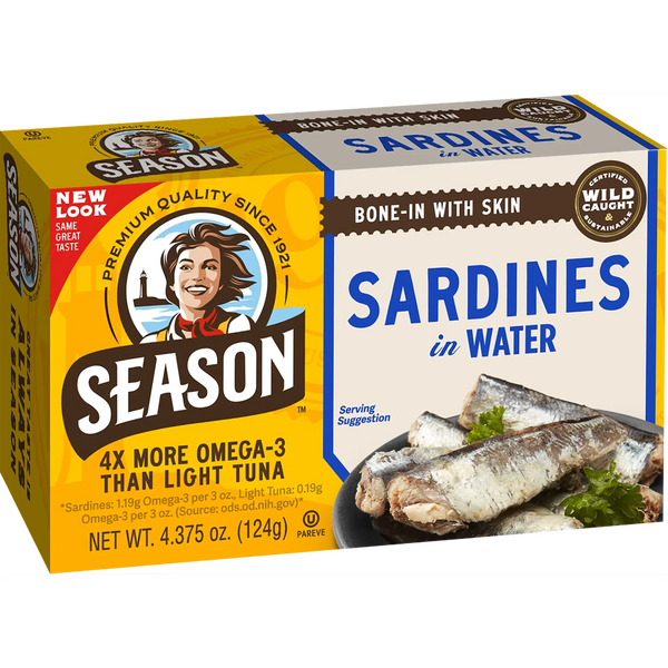Season Sardines in Water, Bone-In with Skin, Wild Caught, 4.375 oz (124g)